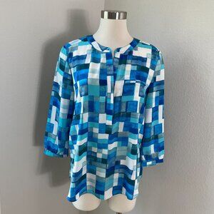 NYDJ Womens Medium Blue White Geometric Print Blouse 3/4 Sleeve Shirt Top